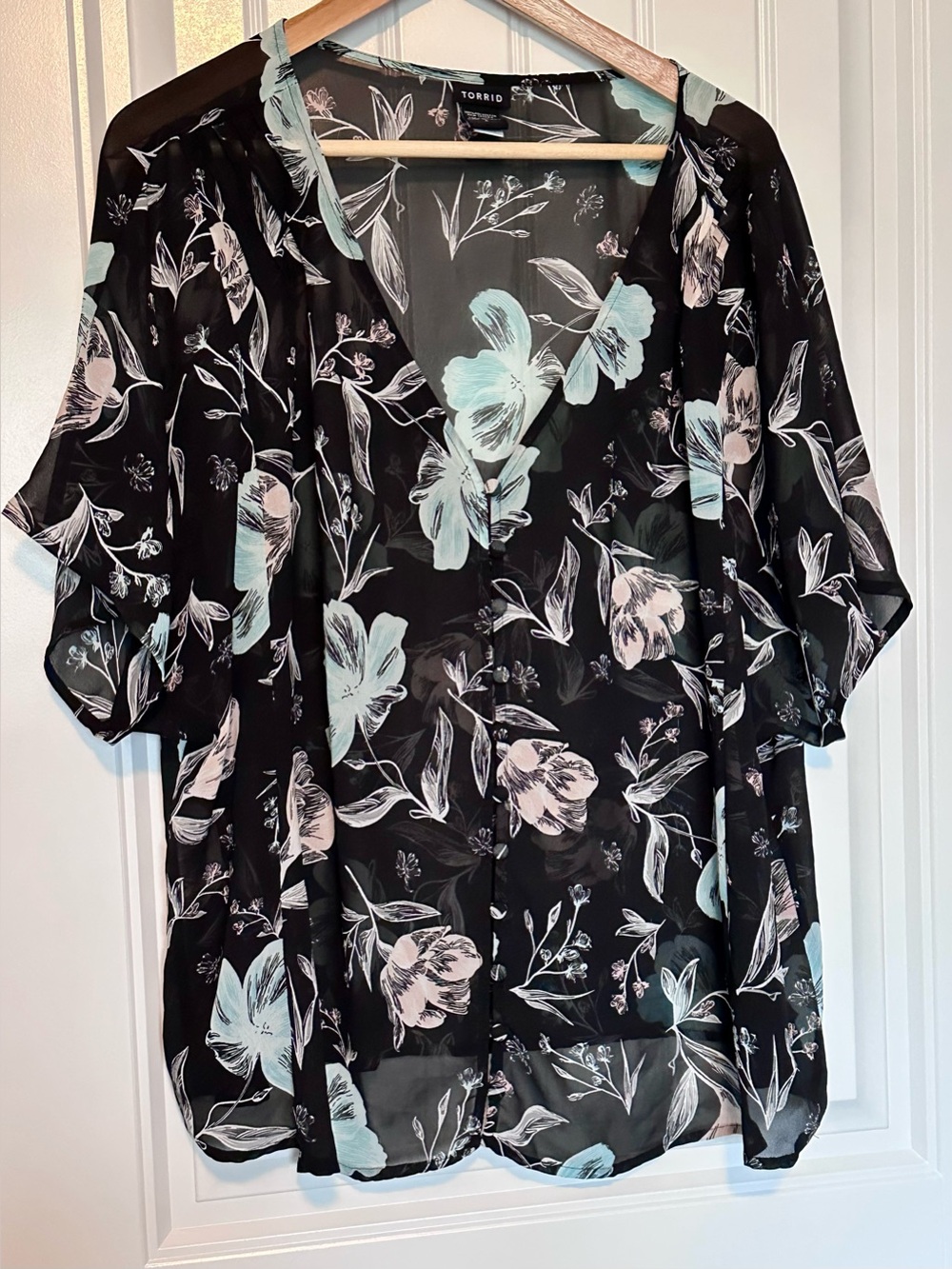 Torrid Black Floral Chiffon Button Front Blouse Sheer